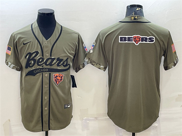 Men's Chicago Bears Olive 2022 Salute To Service Team Big Logo Cool Base Stitched Baseball Jersey - Click Image to Close